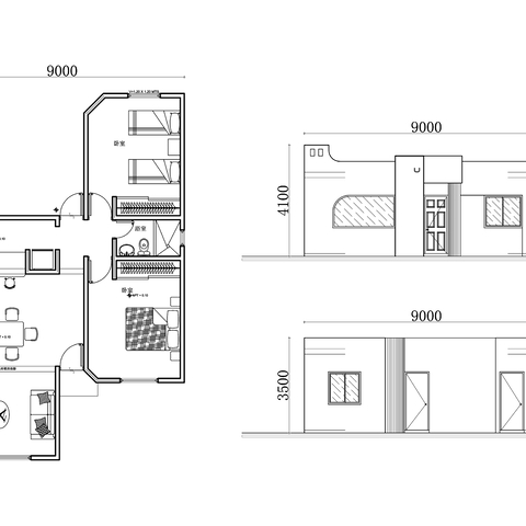  一层乡村独栋住宅cad平立面图 