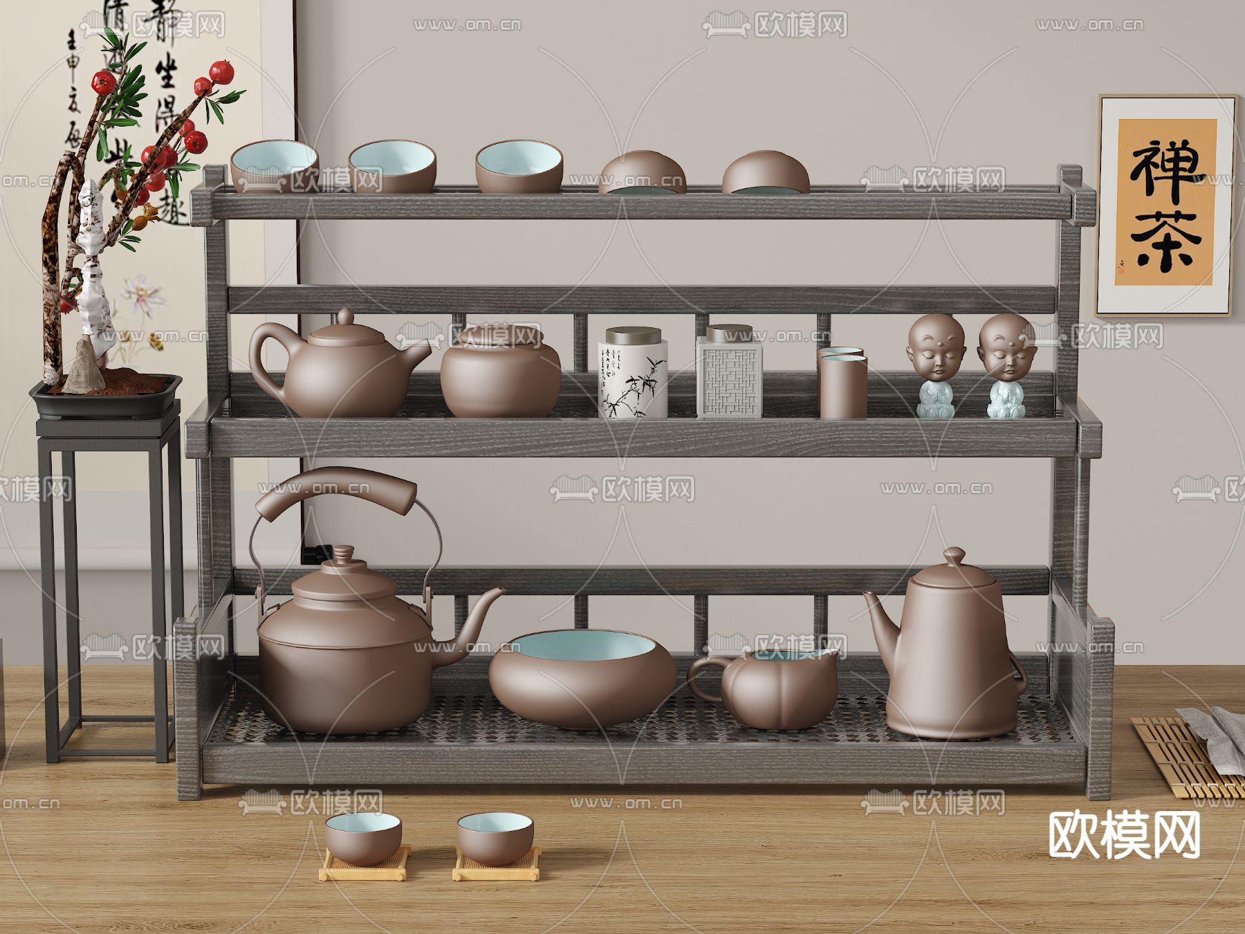 新中式茶柜 茶壶 茶具su模型下载（渲染图2）