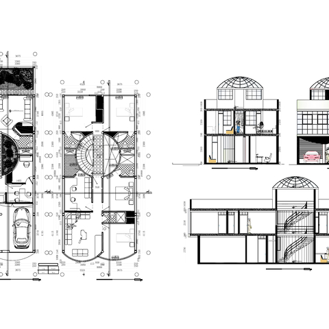  现代两层圆顶住宅cad三视图 