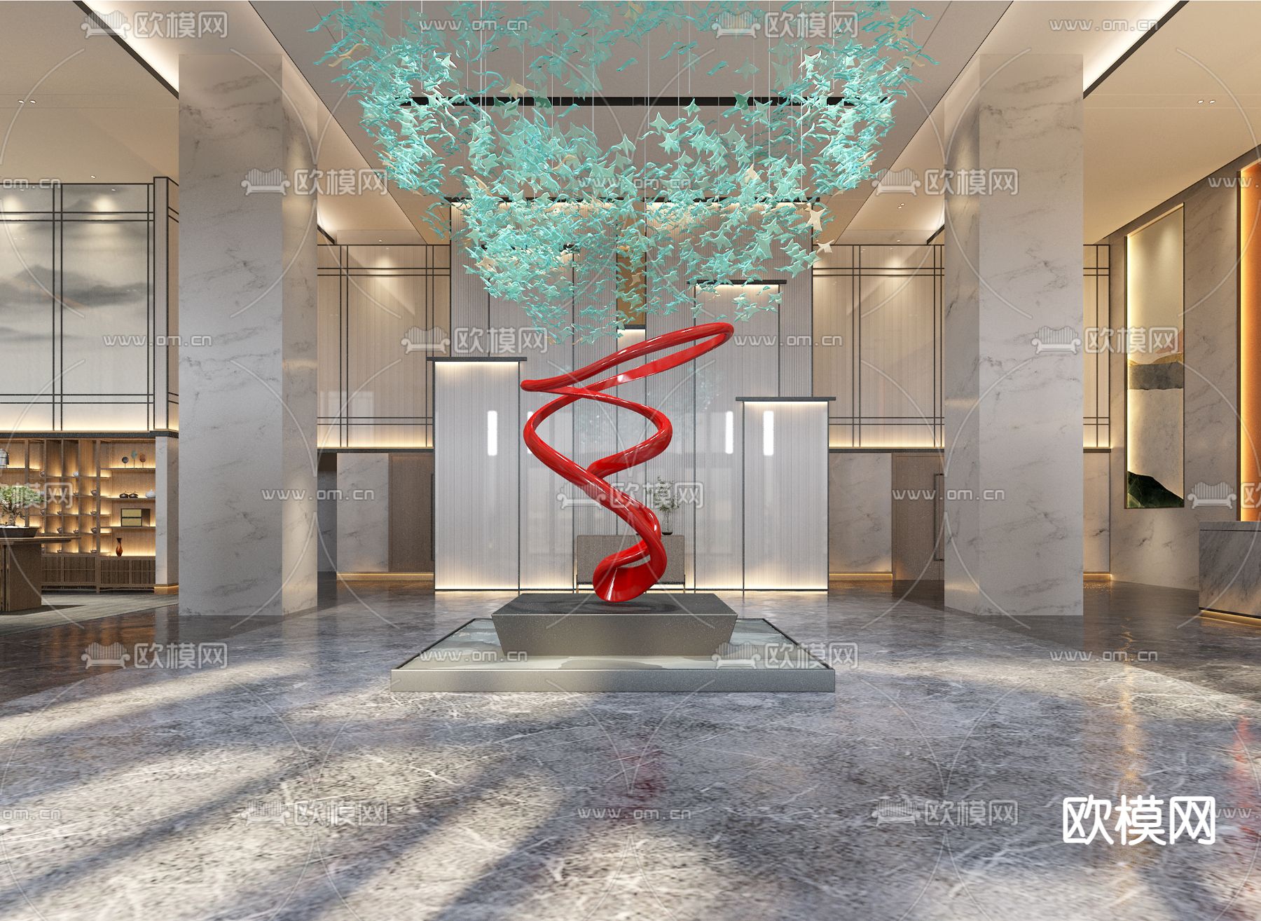 新中式大厅 大堂3d模型下载（渲染图1）