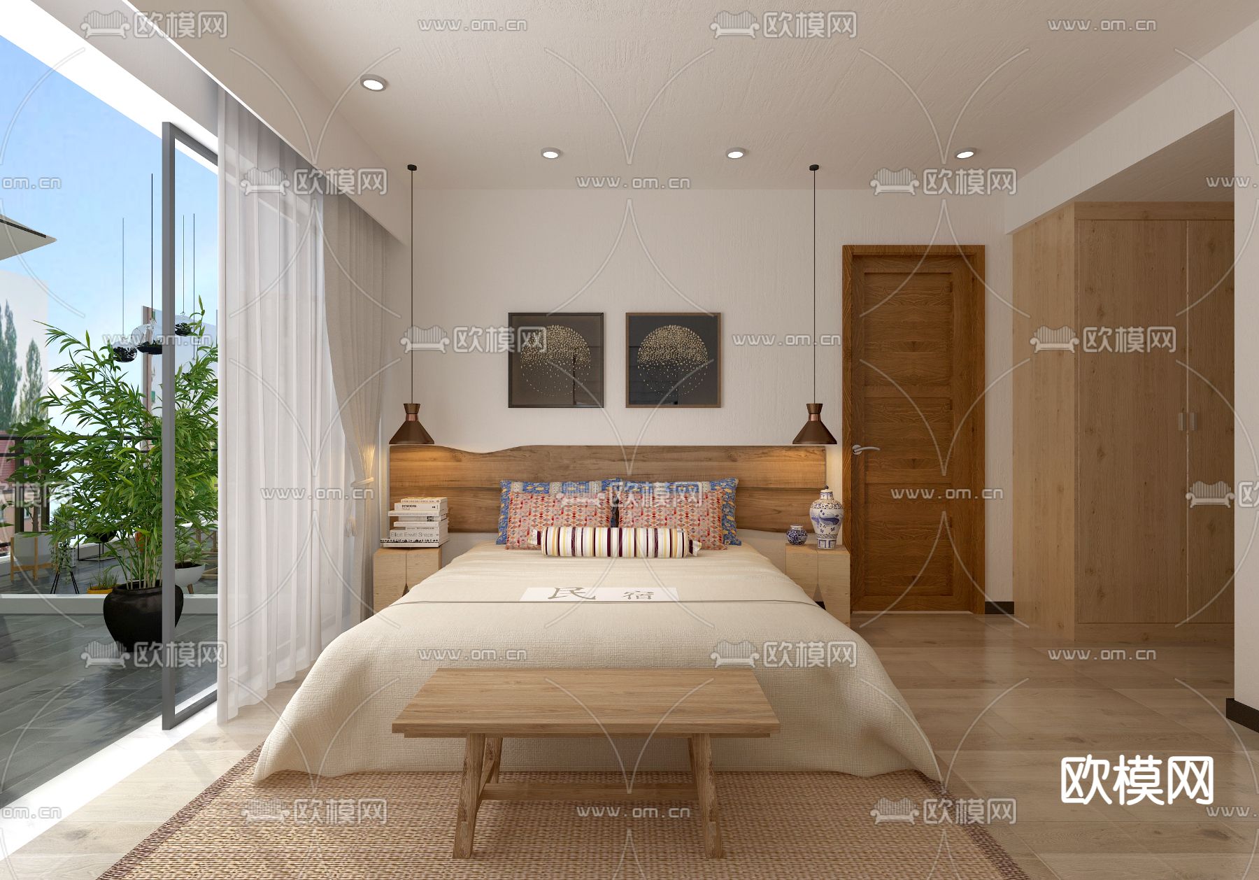 现代民宿卧室免费3d模型下载（渲染图3）
