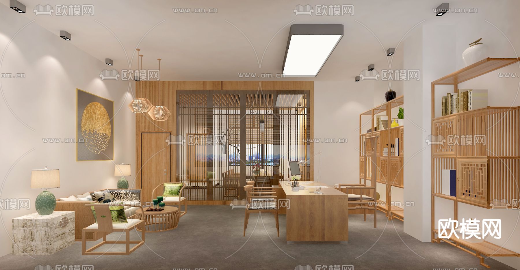 中式总经理室 总裁办公室免费3d模型下载（渲染图1）
