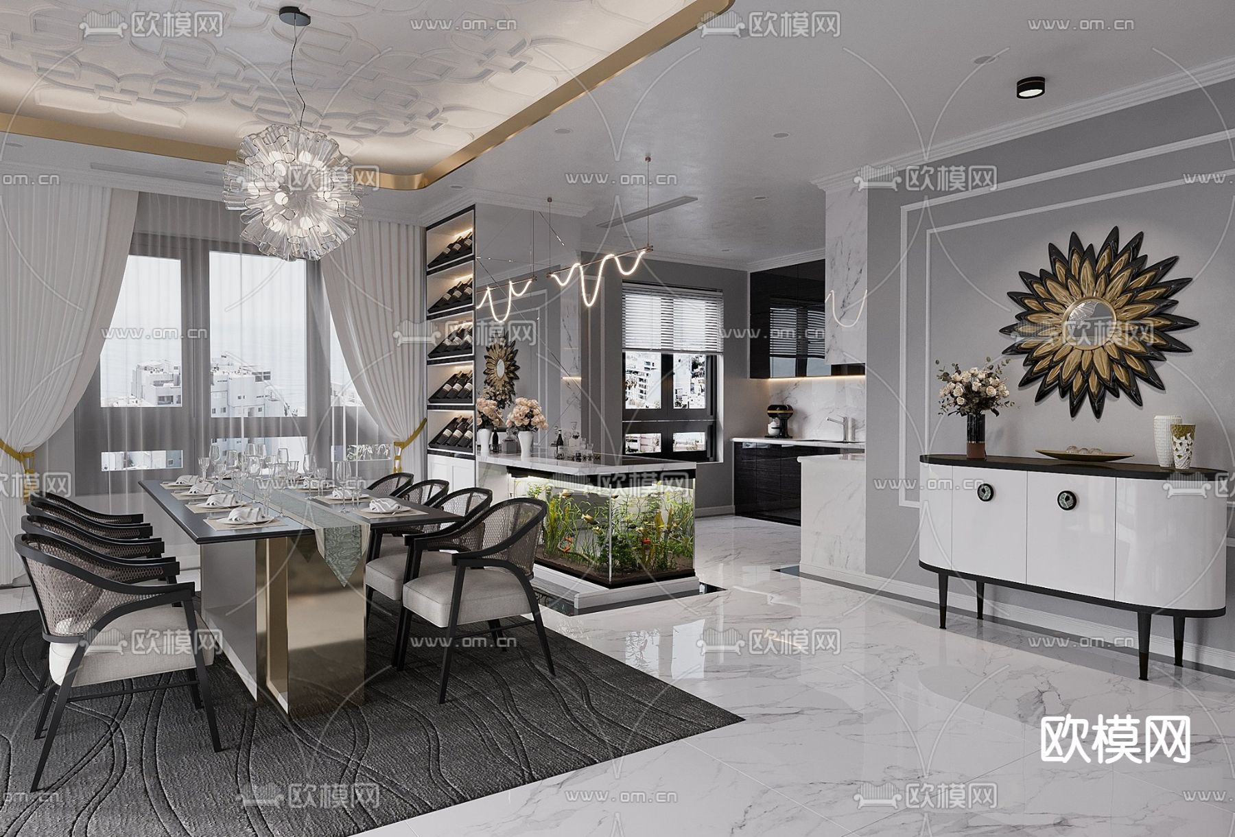 简欧客餐厅3d模型下载（渲染图2）