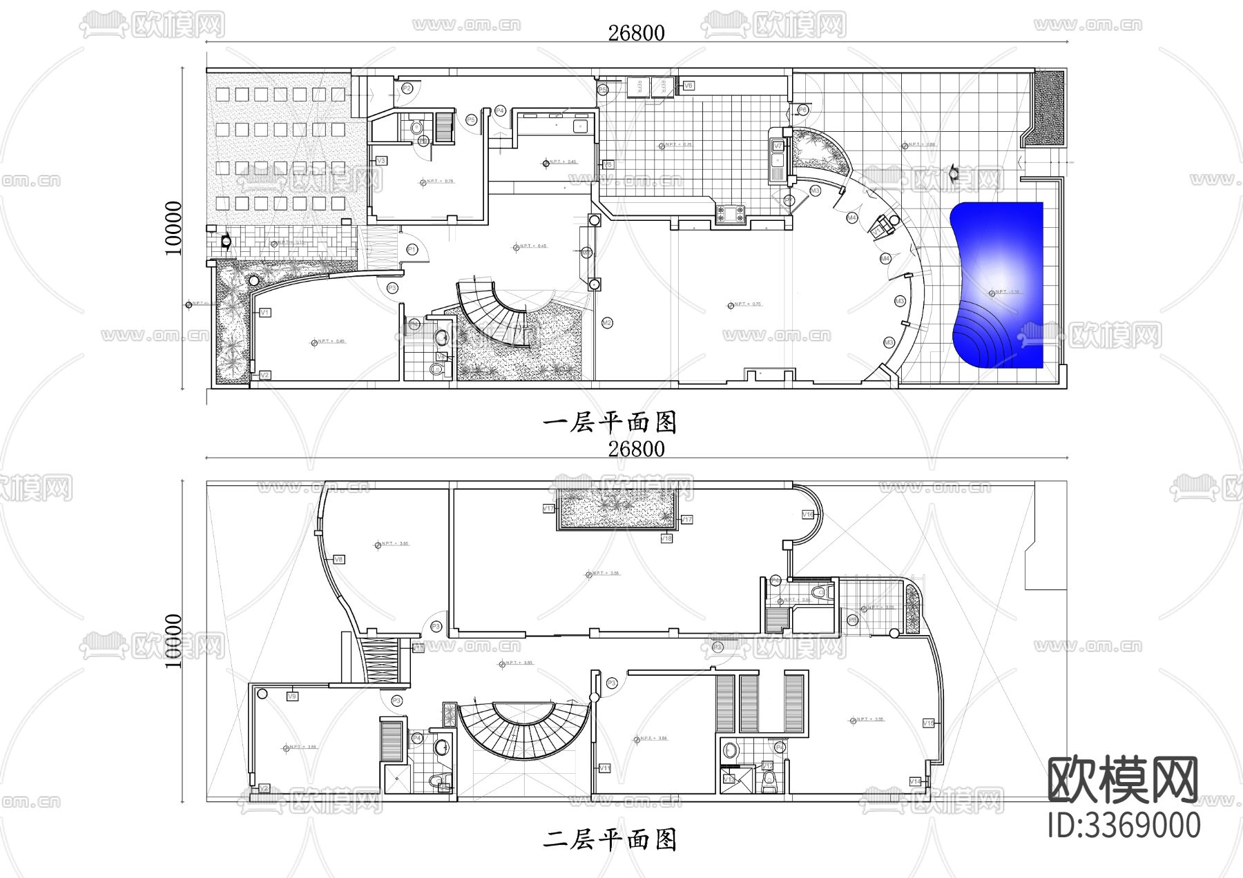 两层游泳池房cad平面图下载