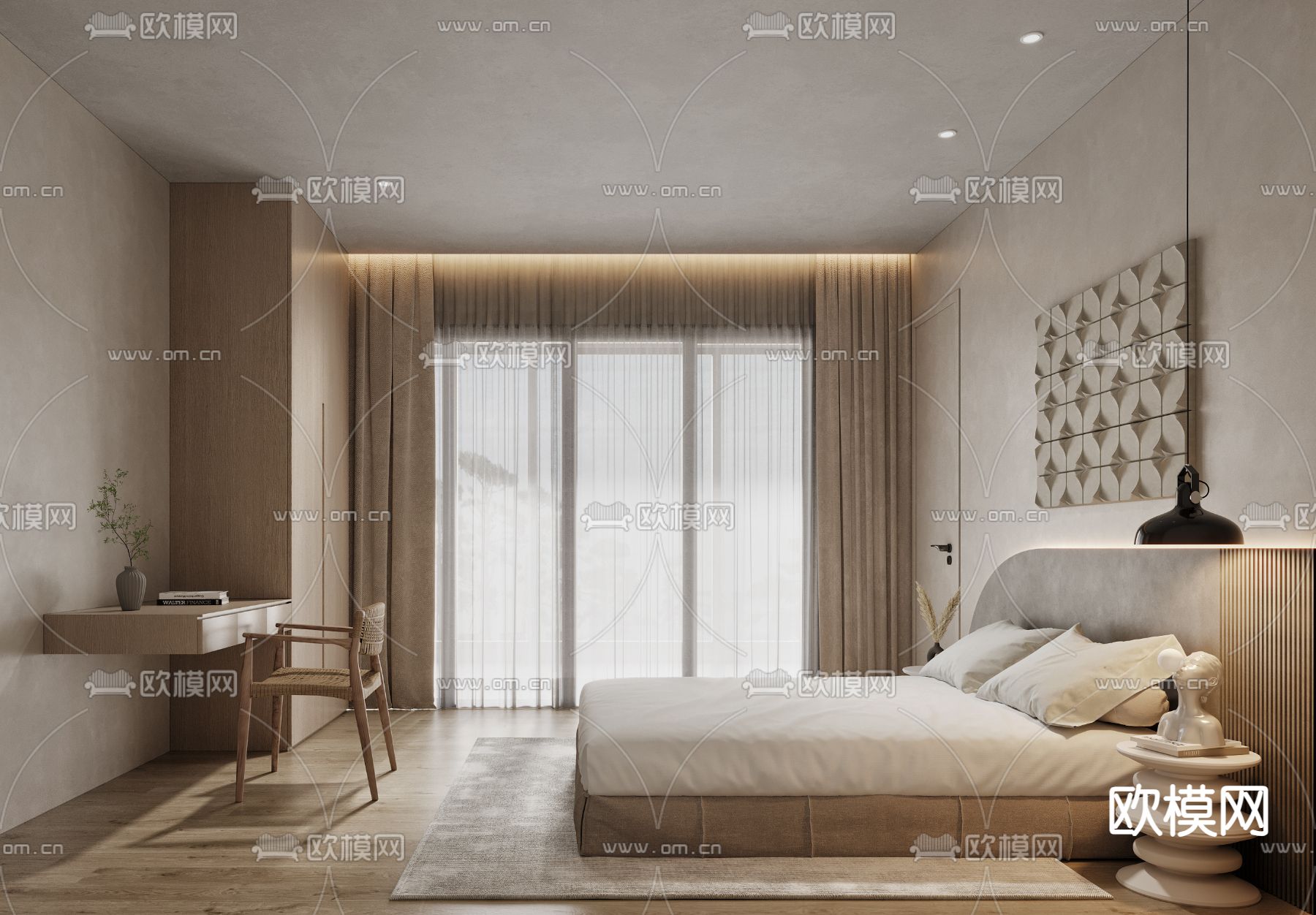 原木风卧室 主卧 主人房su模型下载（渲染图2）