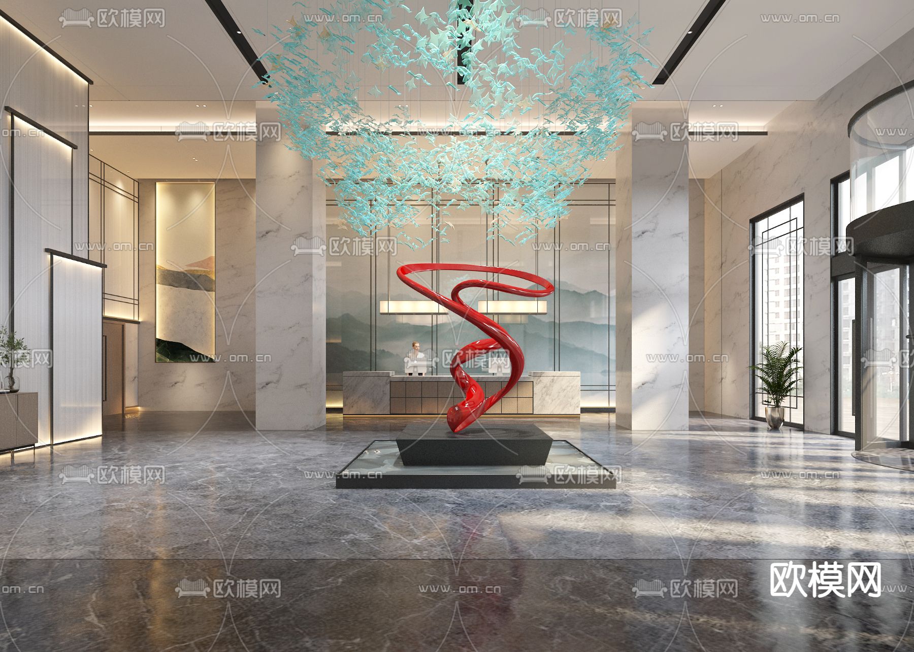 新中式大厅 大堂3d模型下载（渲染图2）