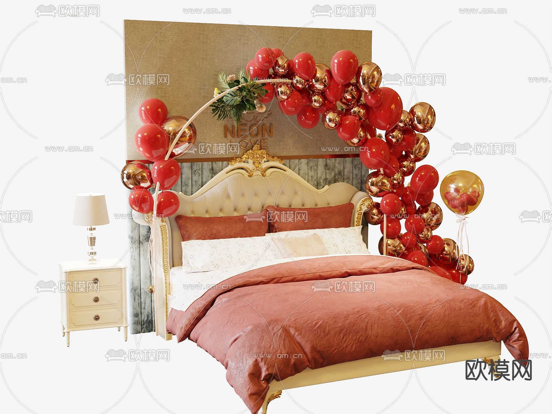 美式婚庆卧室床3d模型下载