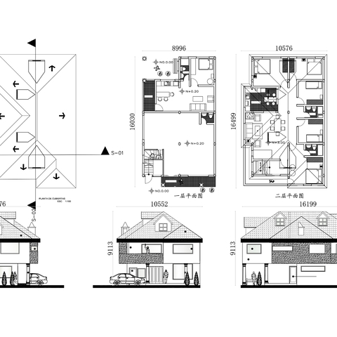  两层现代农村别墅cad三视图 