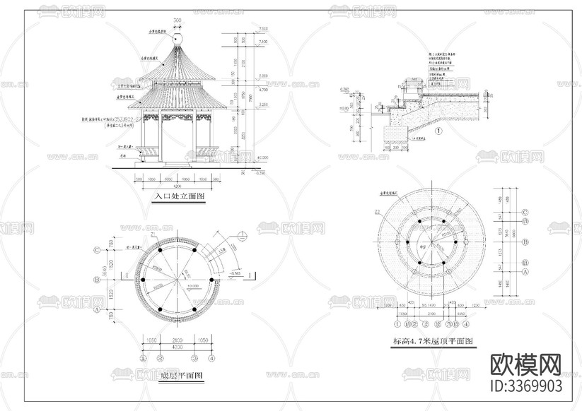 古建筑圓亭cad施工圖下載(渲染圖3)