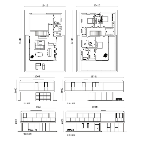  两层现代独栋别墅cad三视图 