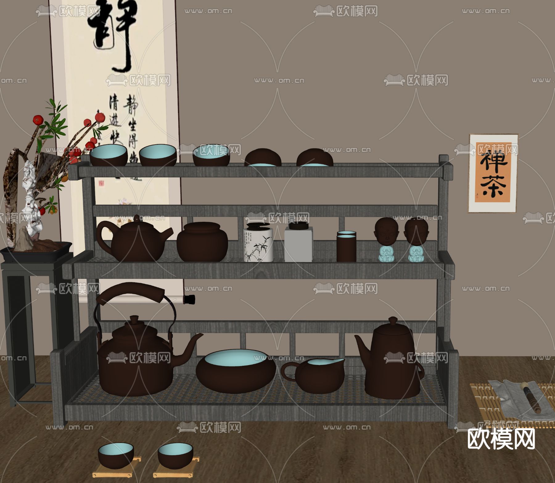 新中式茶柜 茶壶 茶具su模型下载（渲染图1）