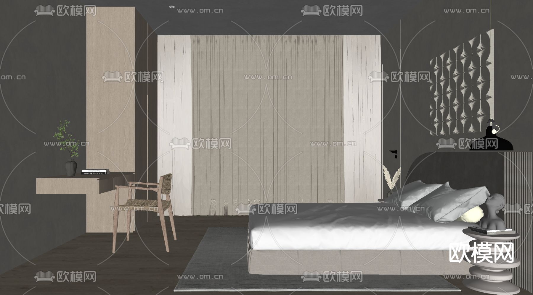 原木风卧室 主卧 主人房su模型下载（渲染图1）