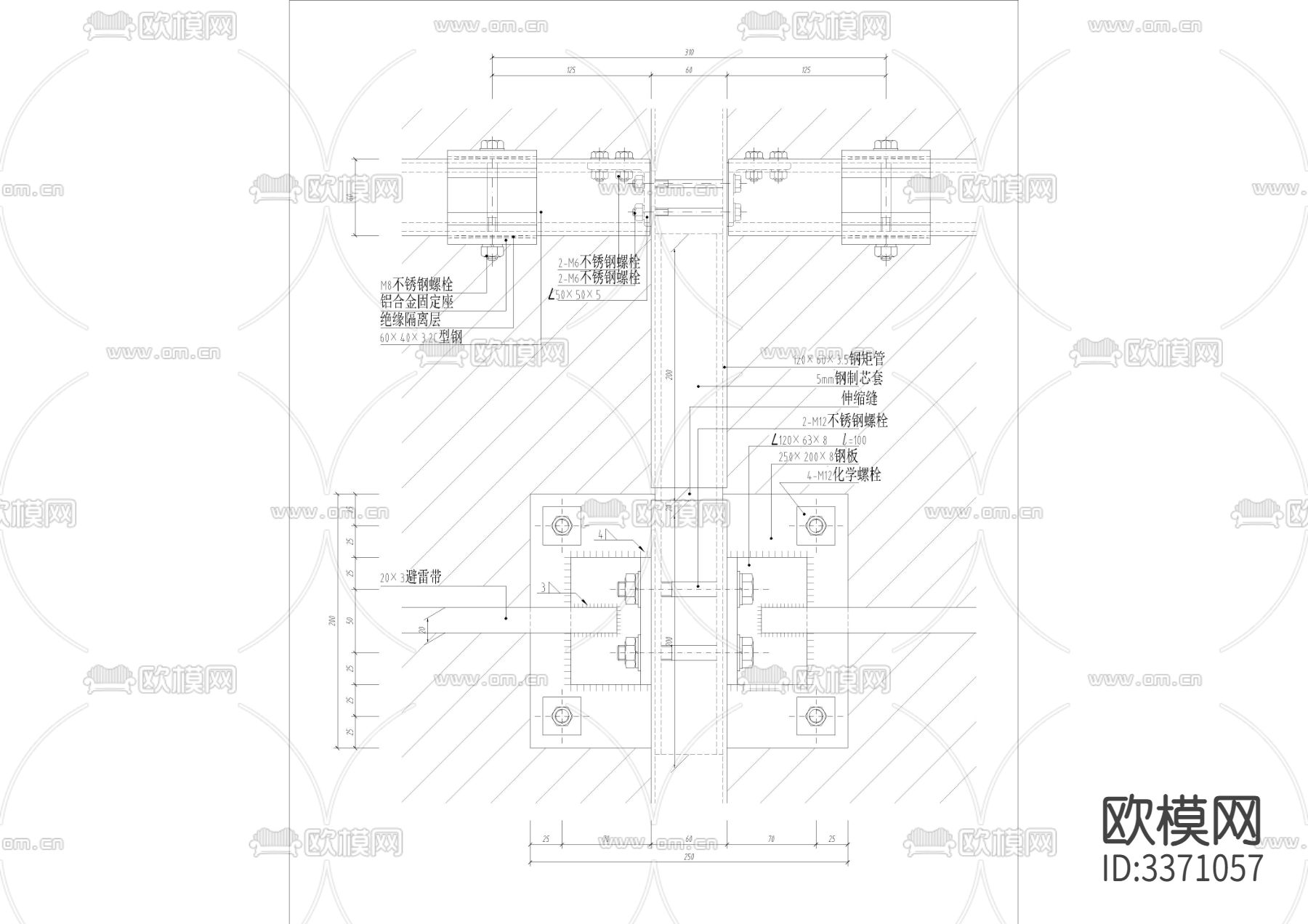 详细的外装节点 吊挂节点 石材柱cad大样图下载（渲染图3）