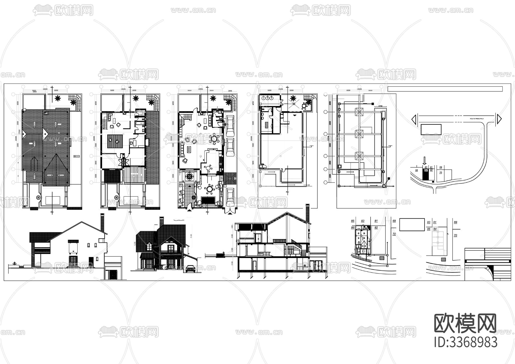 两层乡村别墅cad三视图下载