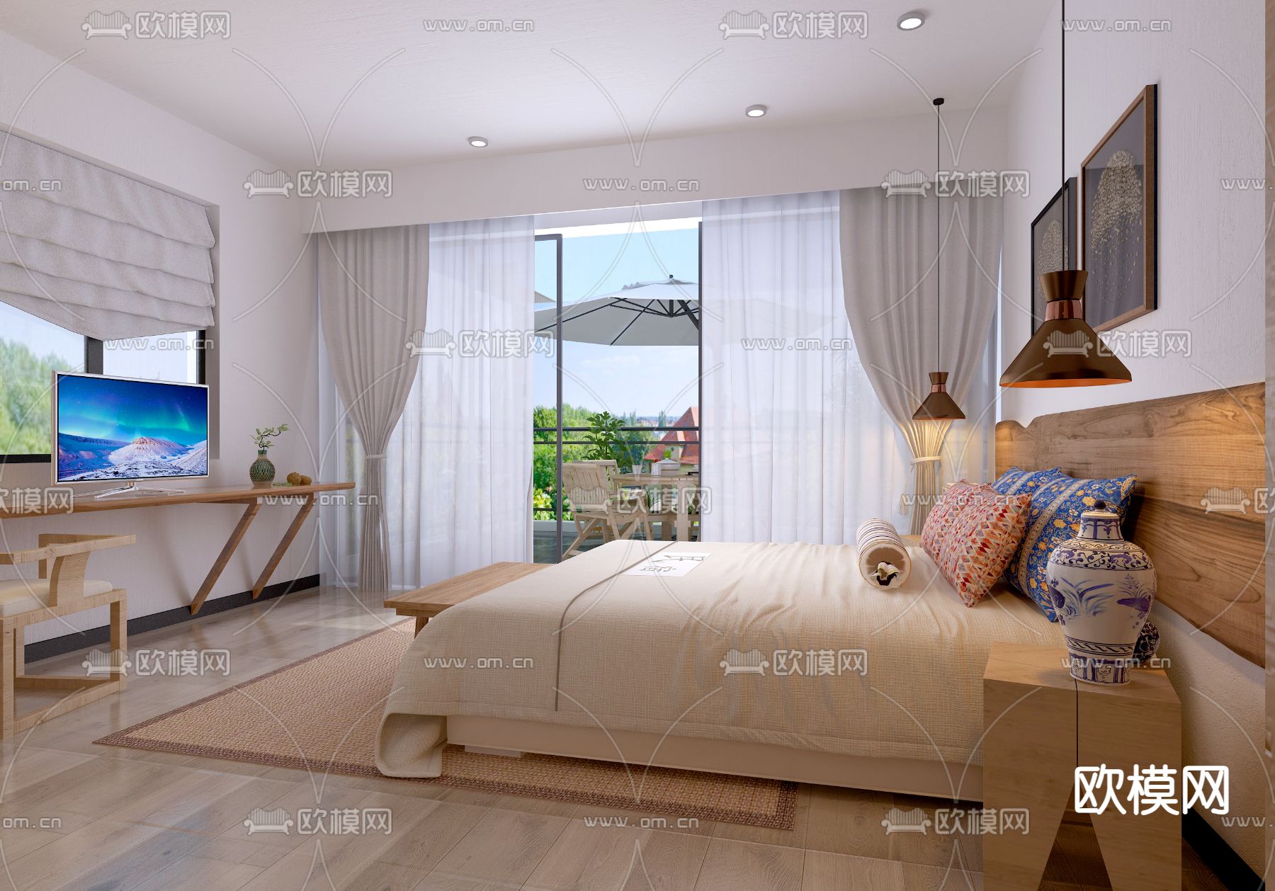 现代民宿卧室免费3d模型下载（渲染图1）