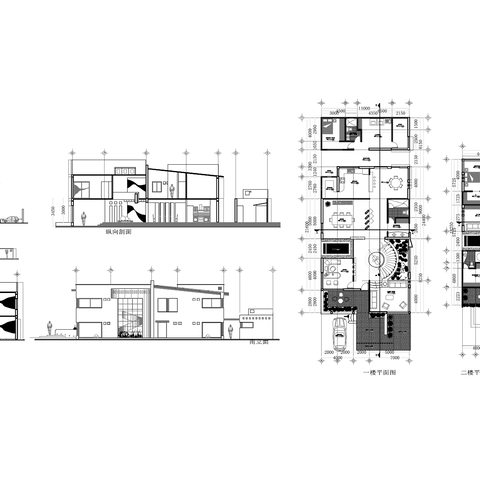  两层现代住宅cad三视图 