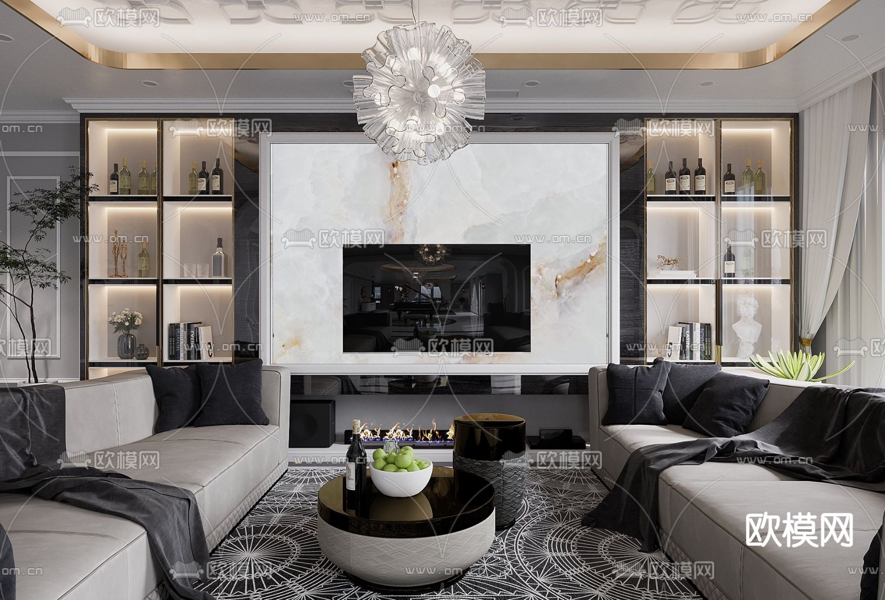 简欧客餐厅3d模型下载（渲染图1）