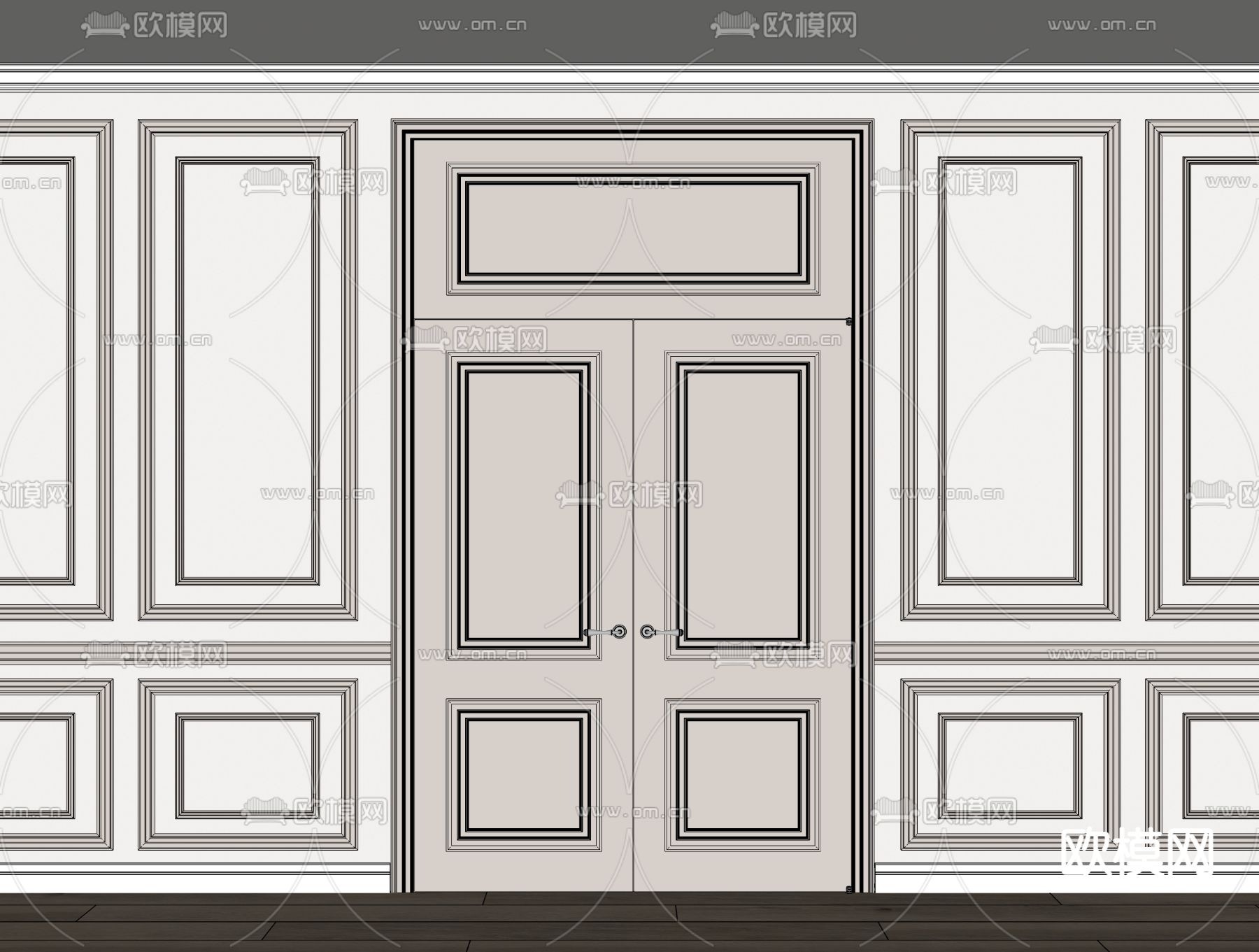 欧式双开门 护墙板su模型下载（渲染图1）