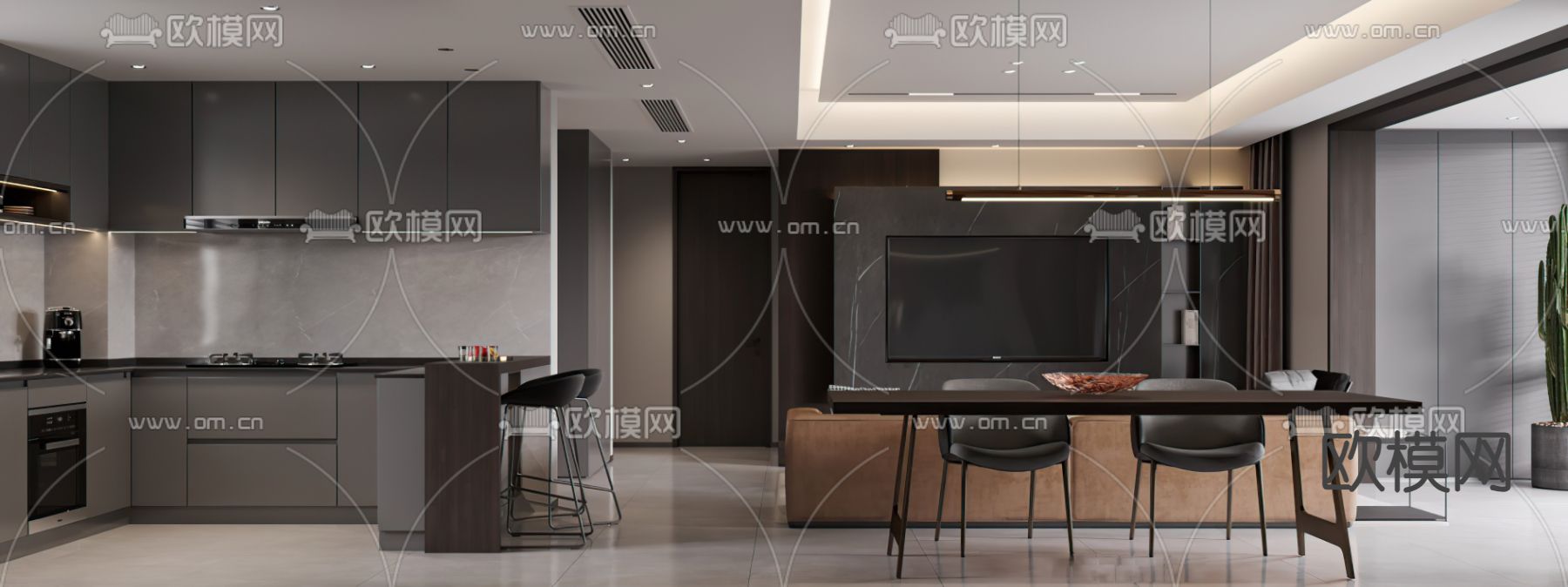 高级灰客餐厅3d模型下载（渲染图3）