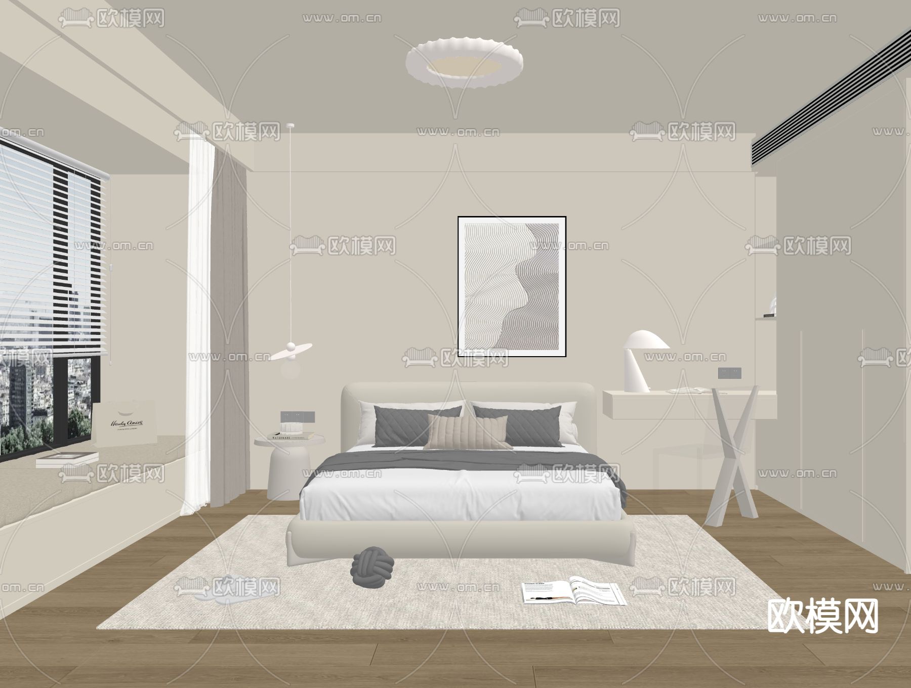 奶油风主卧 卧室 主人房su模型下载（渲染图1）