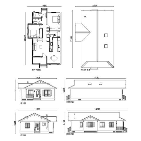  一层乡村独栋木屋cad三视图 