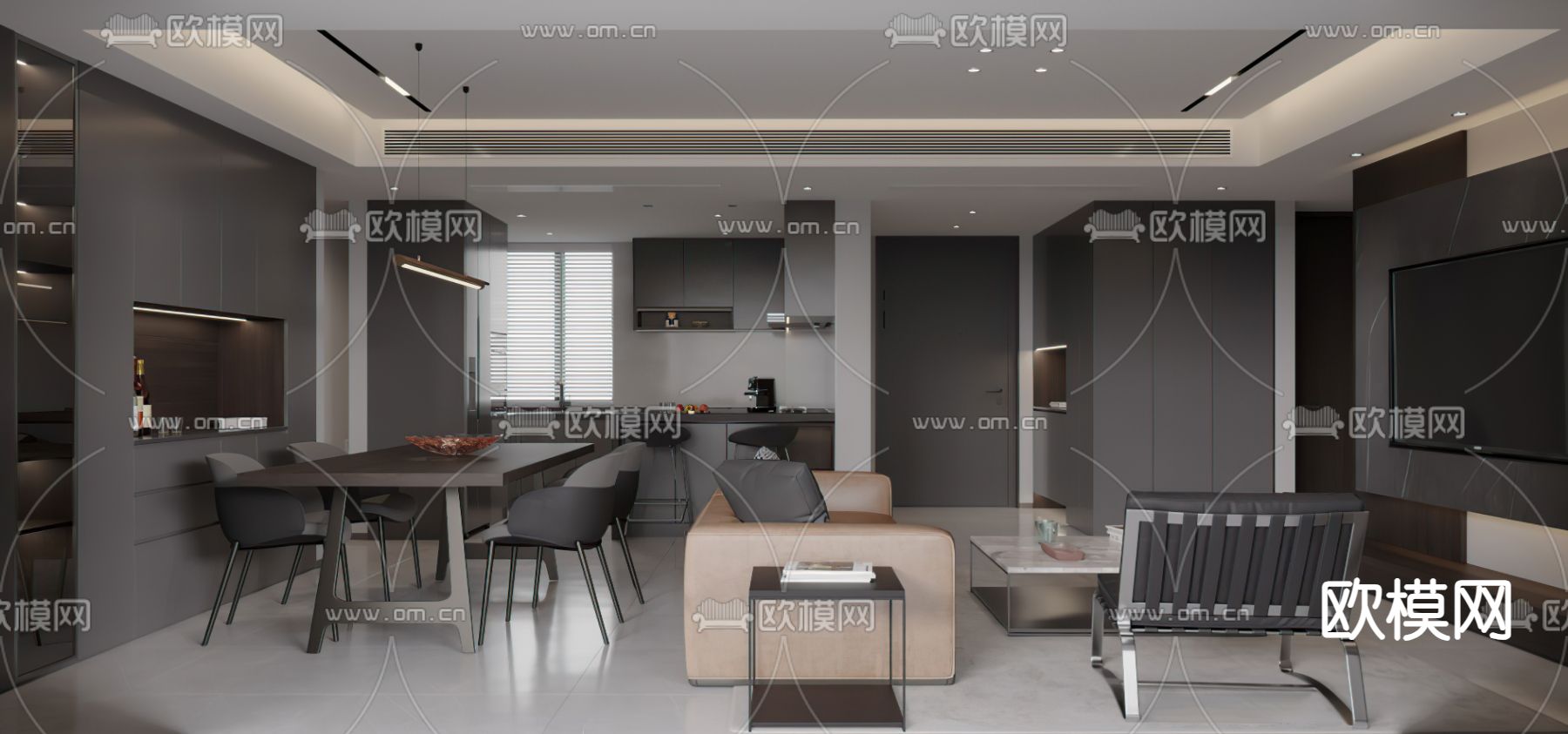 高级灰客餐厅3d模型下载（渲染图1）