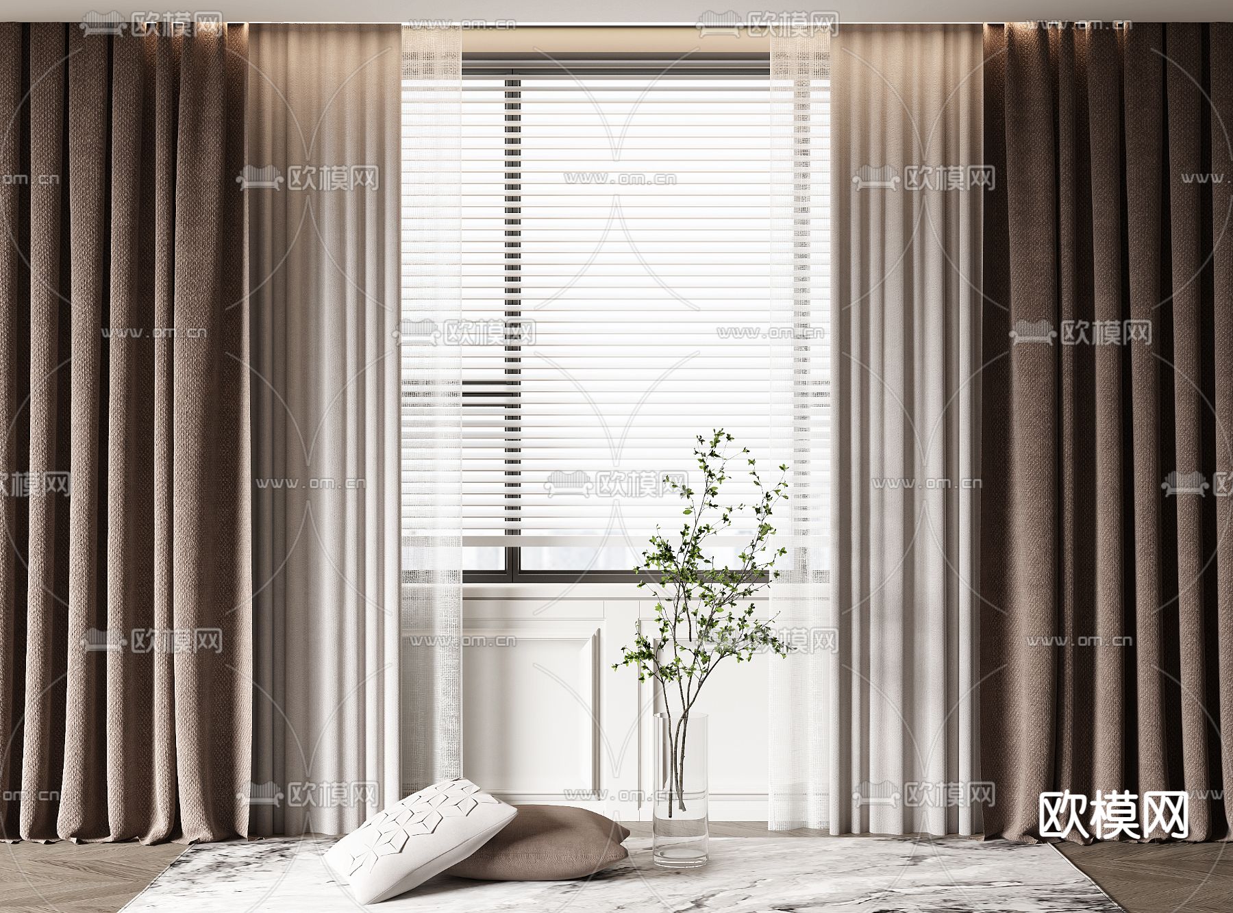 素色窗帘 窗纱3d模型下载（渲染图1）