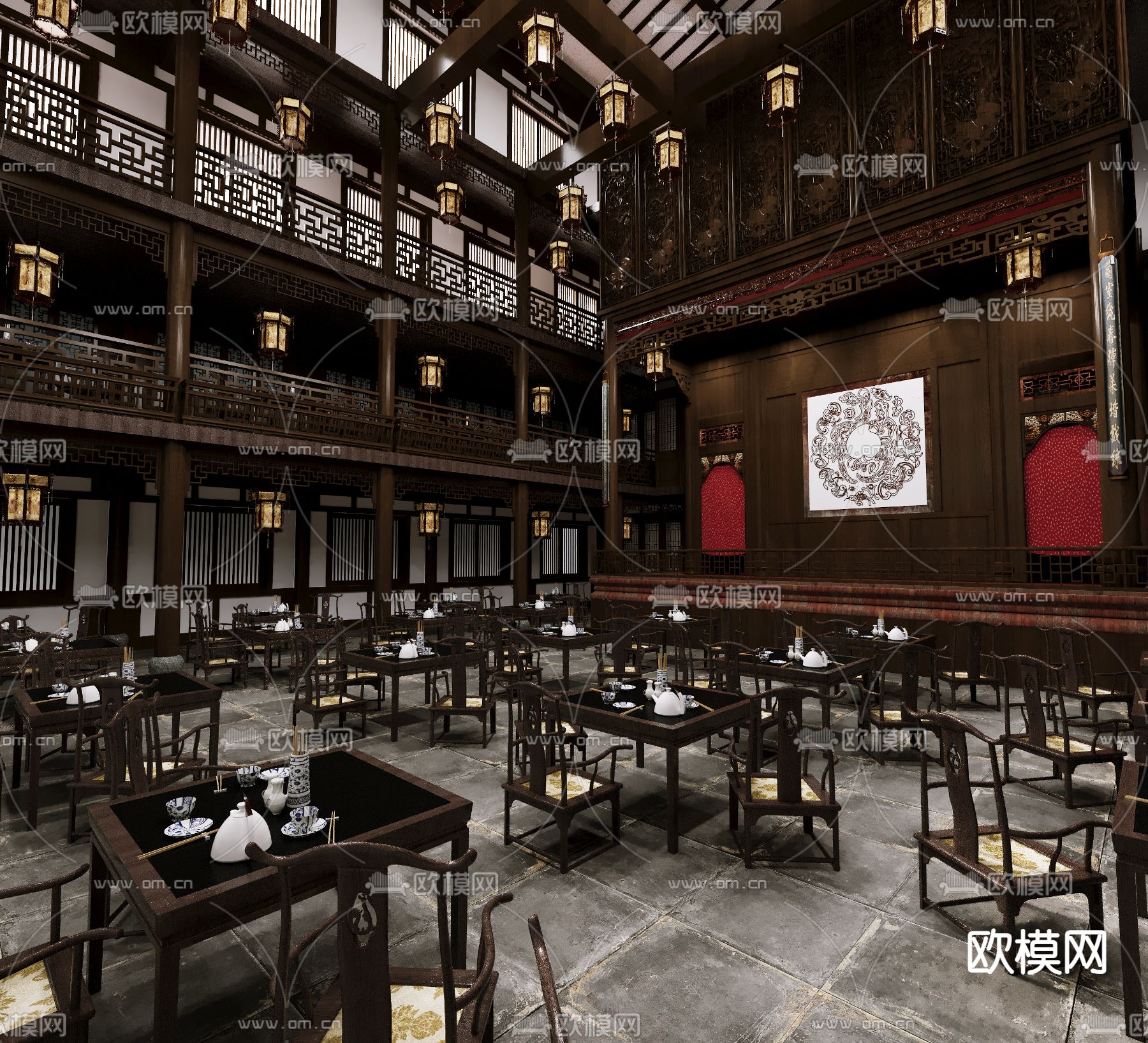中式茶楼 茶馆3d模型下载（渲染图2）