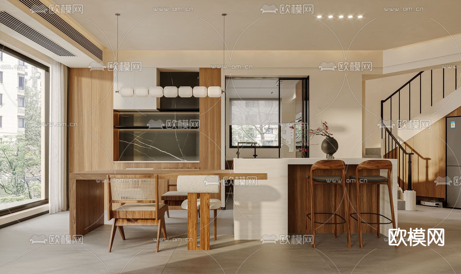 原木风餐厅 中岛餐厅3d模型下载