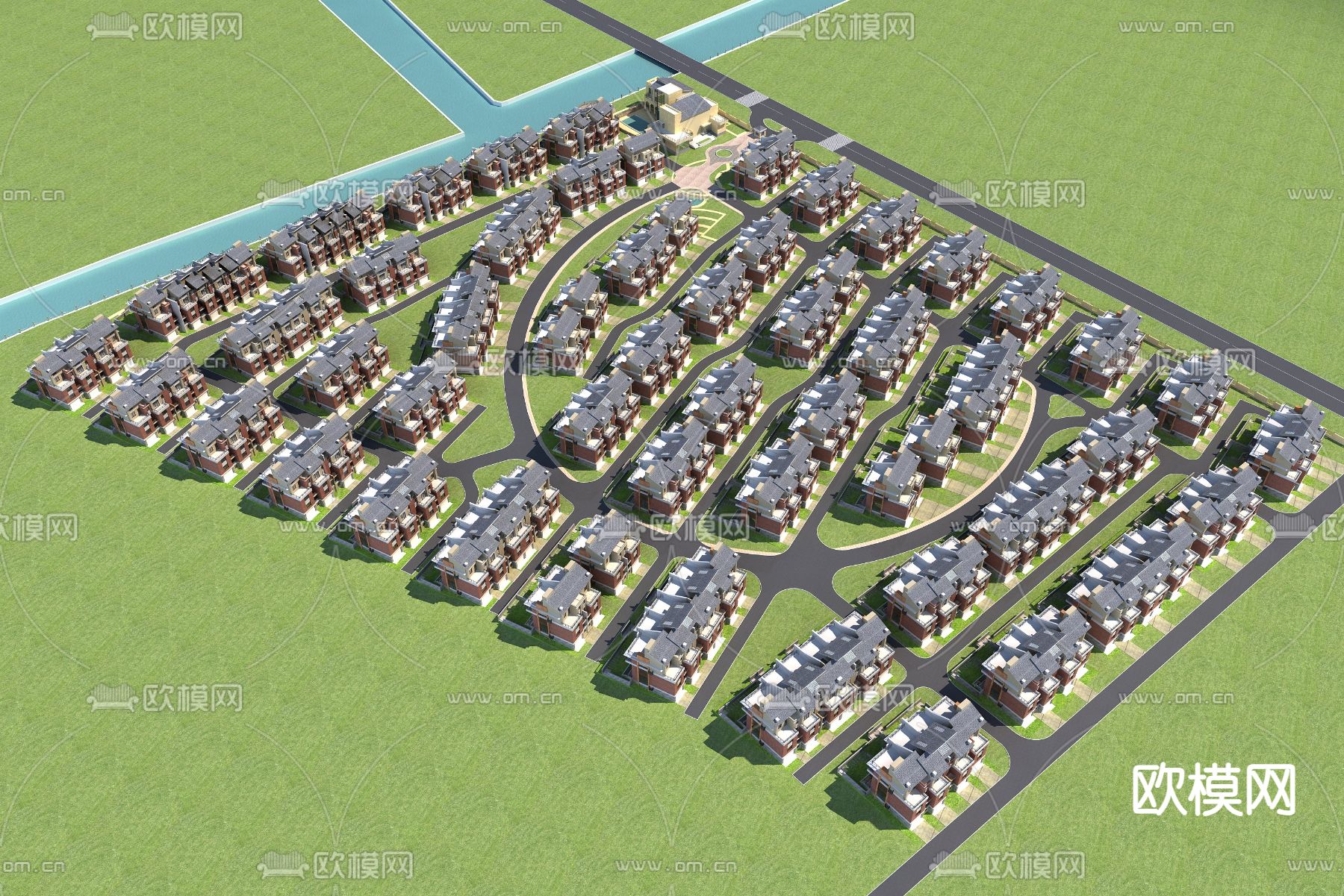 新中式 别墅区鸟瞰3d模型下载（渲染图3）