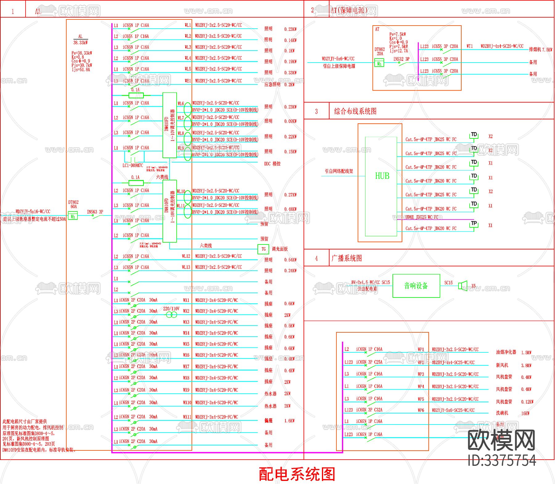 餐饮电气 餐饮给排水 电气设计说明cad图库下载（渲染图7）
