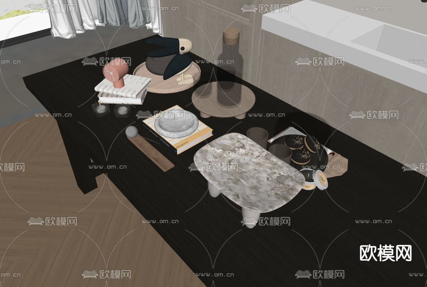 餐桌摆件 饮具 时钟 糕点su模型下载（渲染图1）