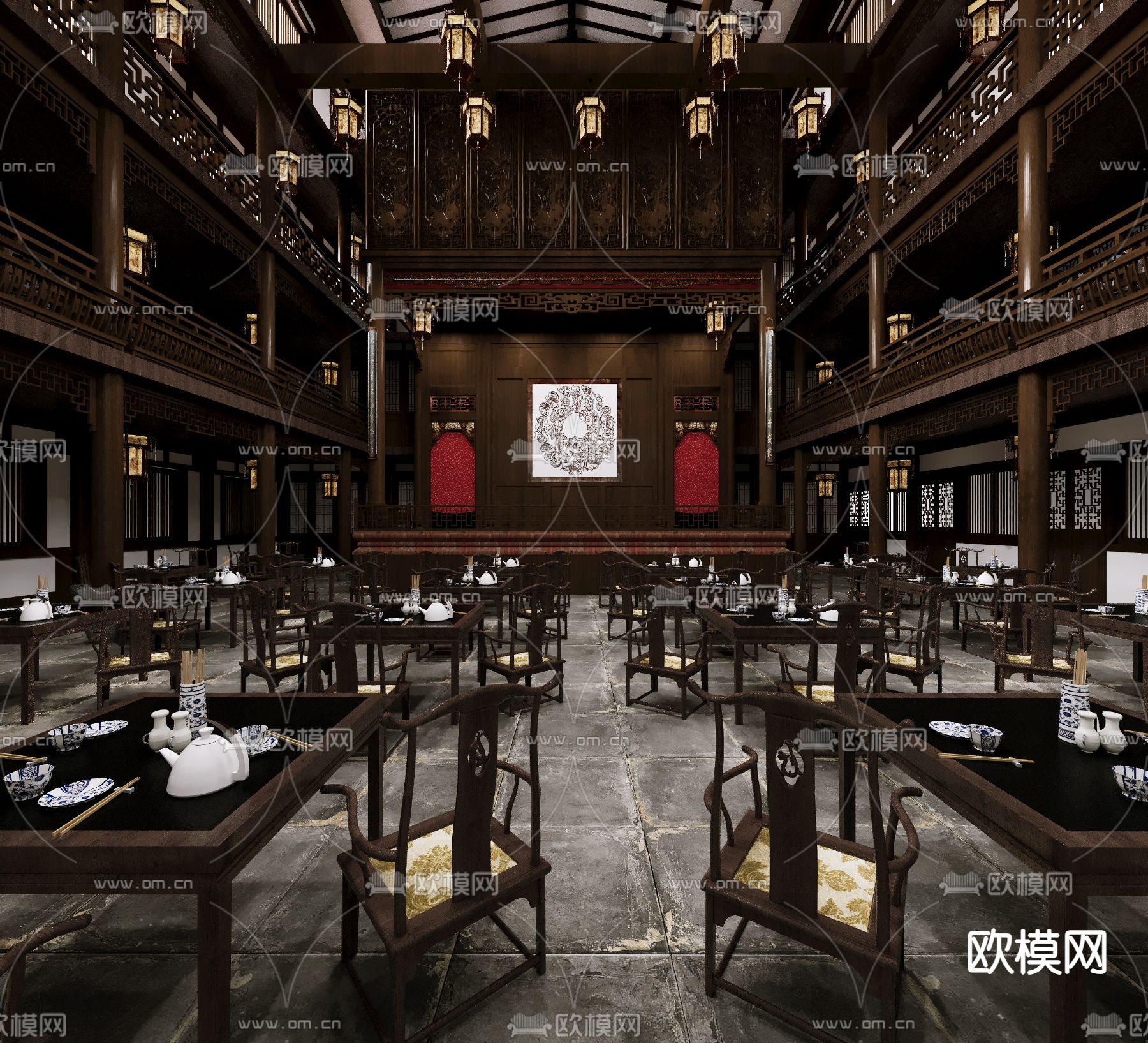 中式茶楼 茶馆3d模型下载（渲染图1）