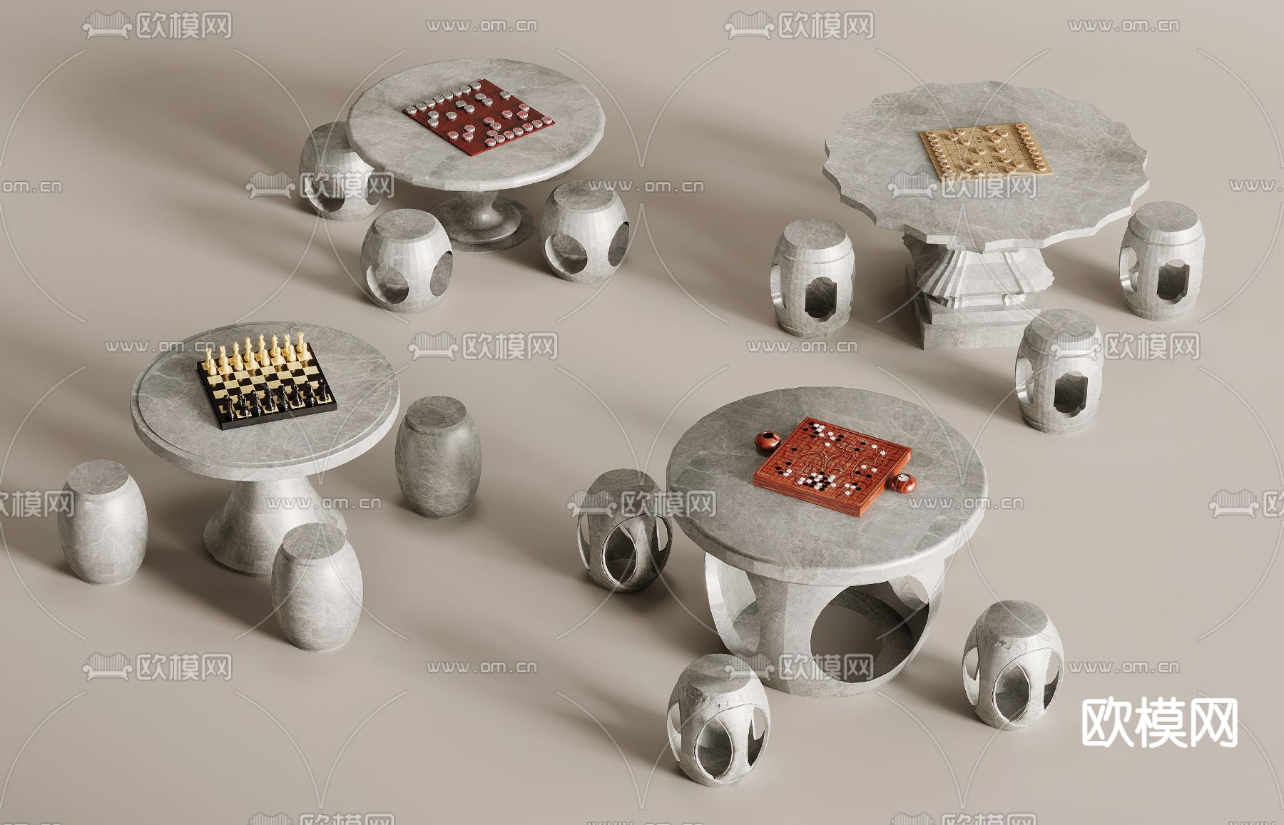 新中式石桌 象棋桌 户外桌椅3d模型下载
