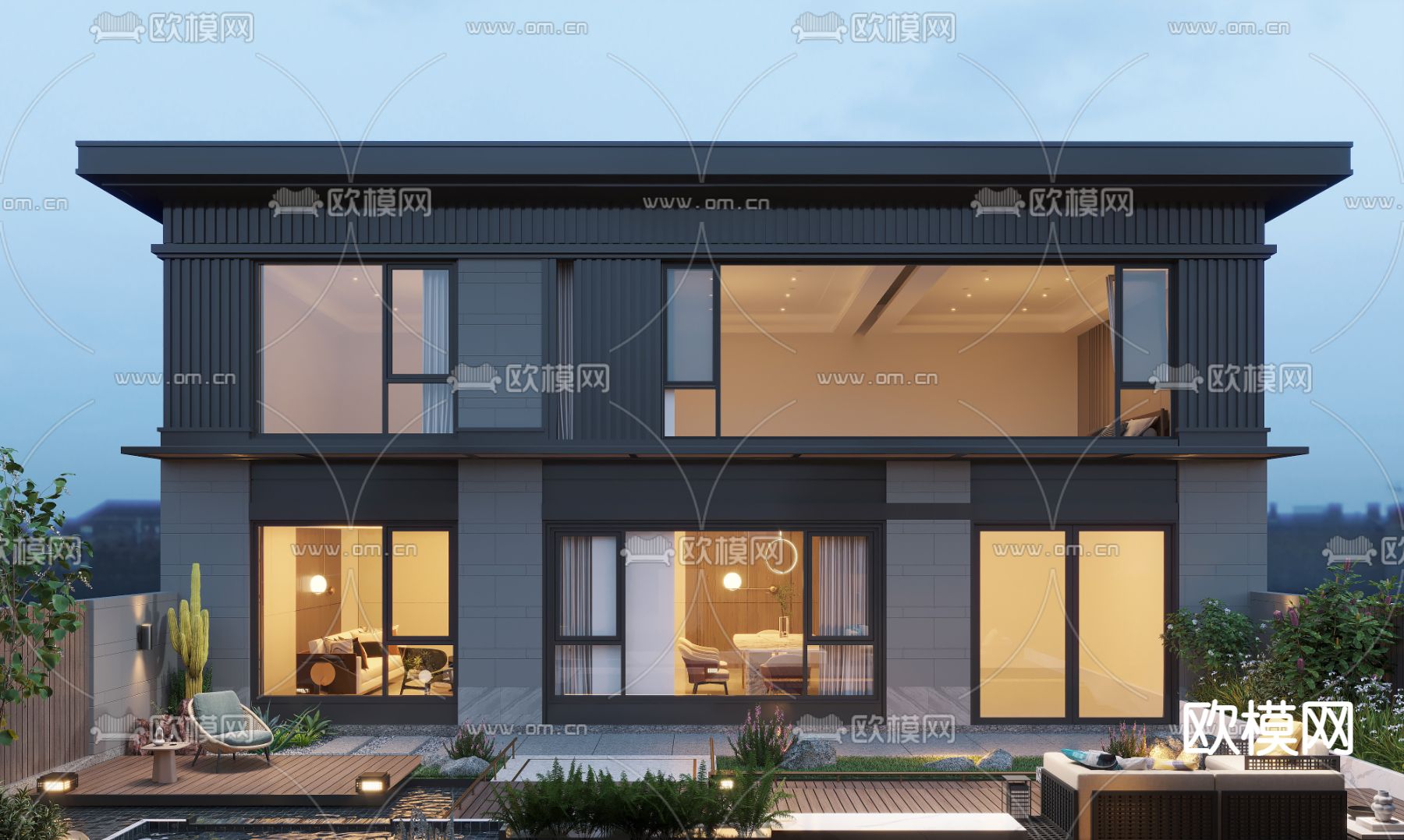 现代独栋别墅外观3d模型下载（渲染图1）