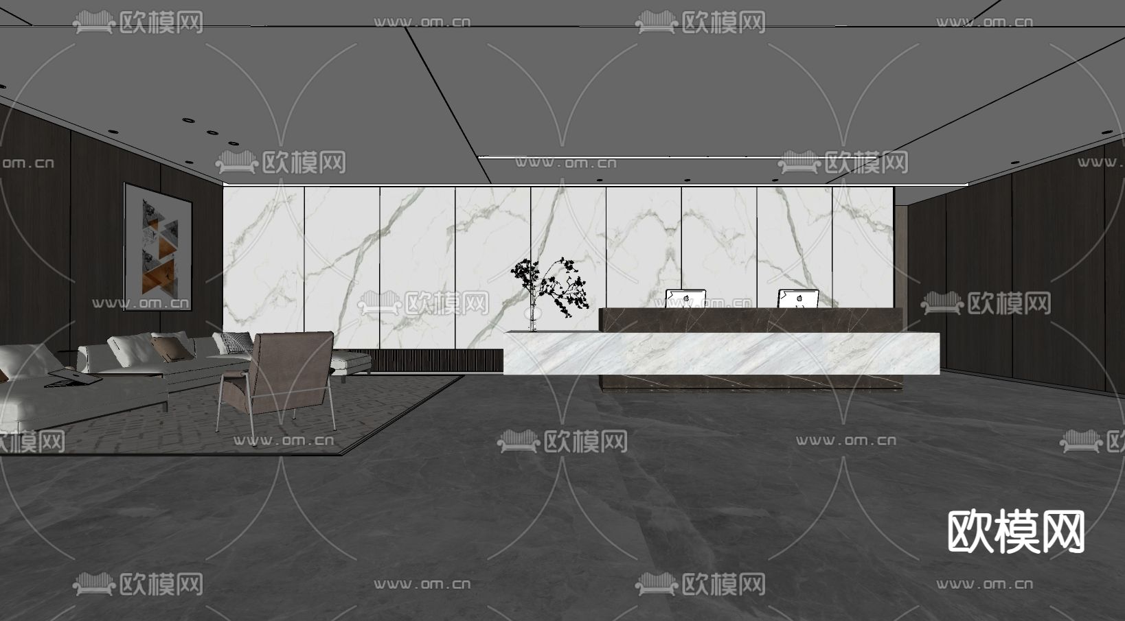 现代办公前台 接待区su模型下载（渲染图1）