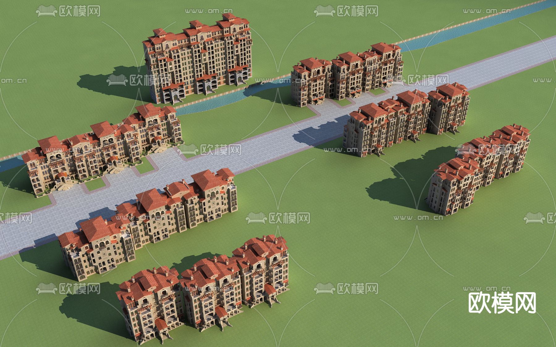 地中海 住宅楼鸟瞰3d模型下载（渲染图1）
