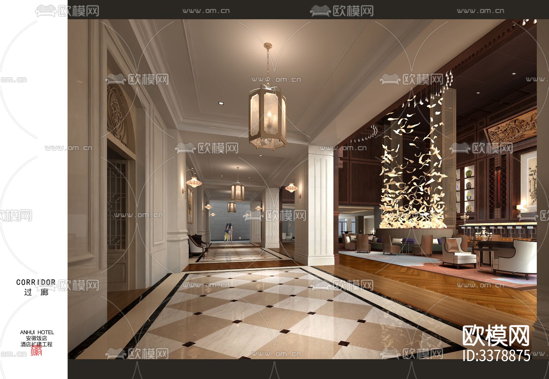 中式饭店餐厅CAD施工图下载（渲染图3）