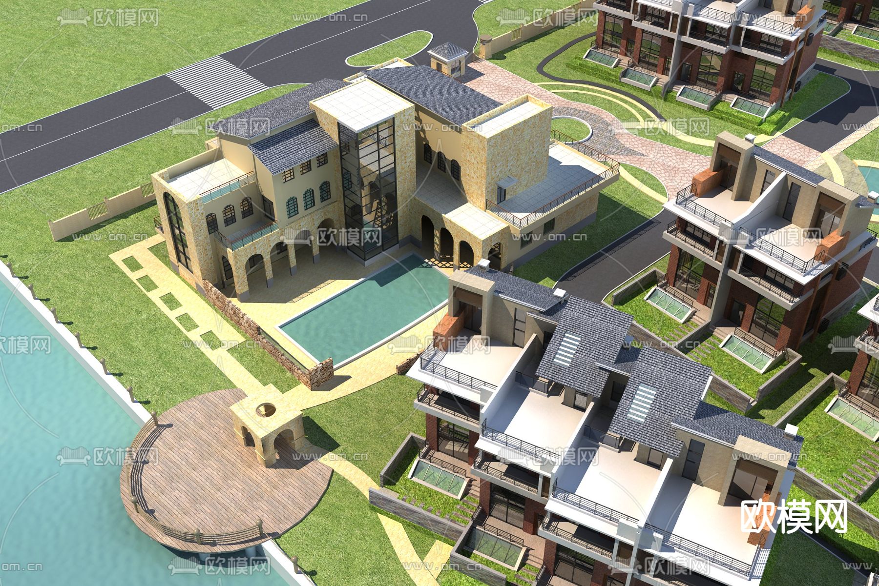 新中式 别墅区鸟瞰3d模型下载（渲染图2）