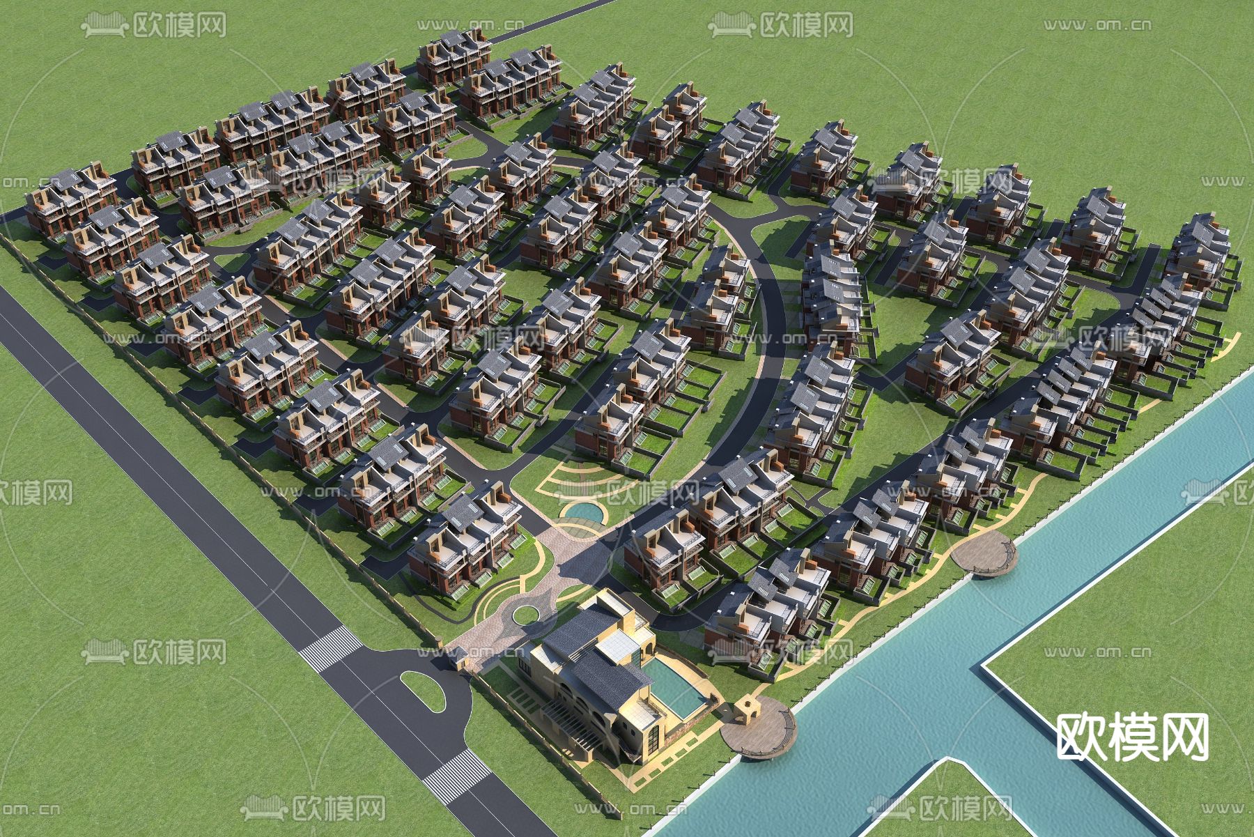新中式 别墅区鸟瞰3d模型下载（渲染图1）