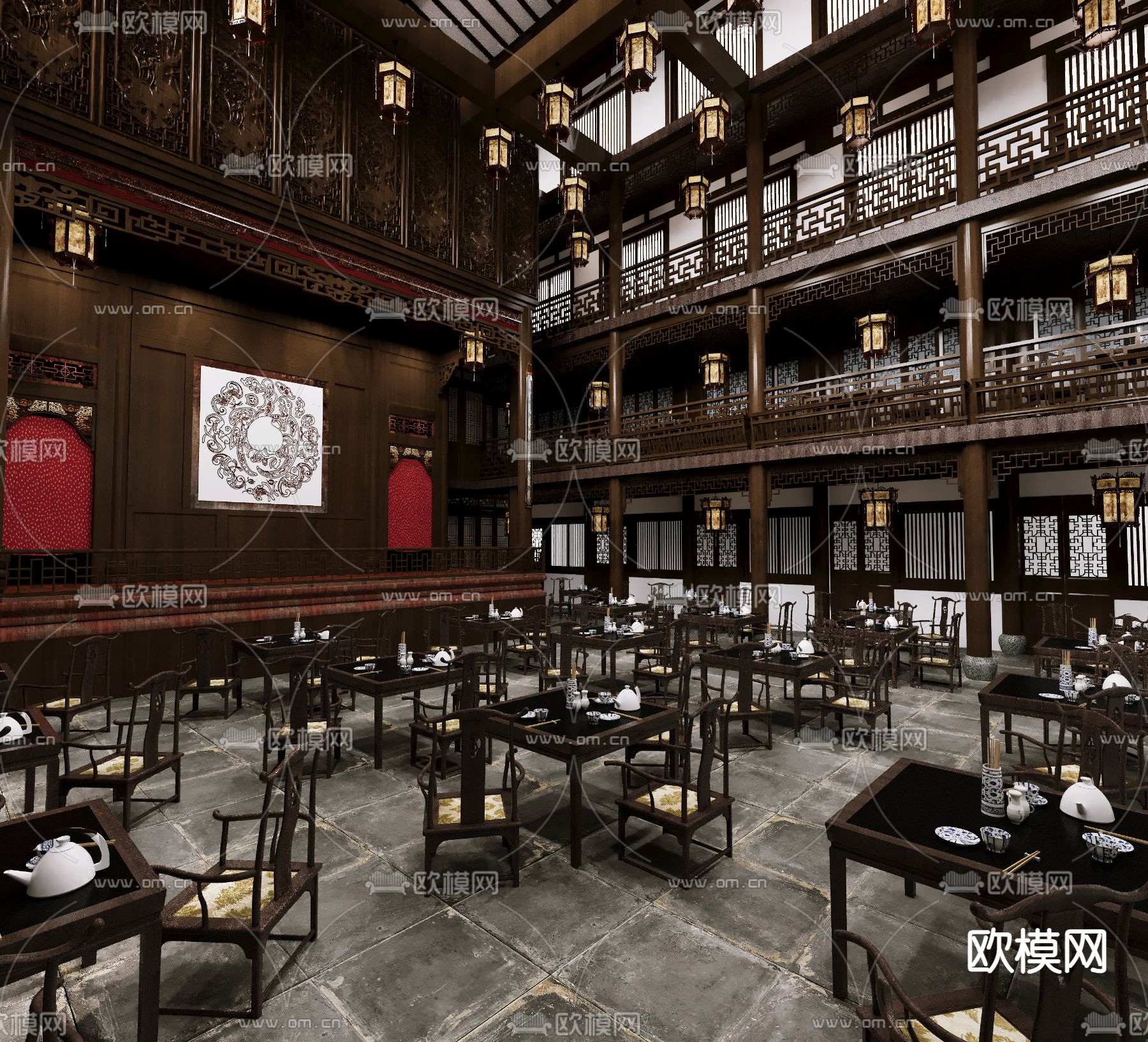 中式茶楼 茶馆3d模型下载（渲染图3）