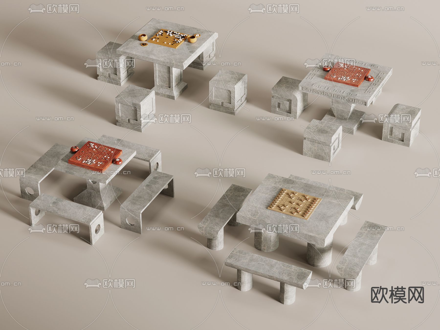 新中式石桌 围棋桌 户外桌椅3d模型下载