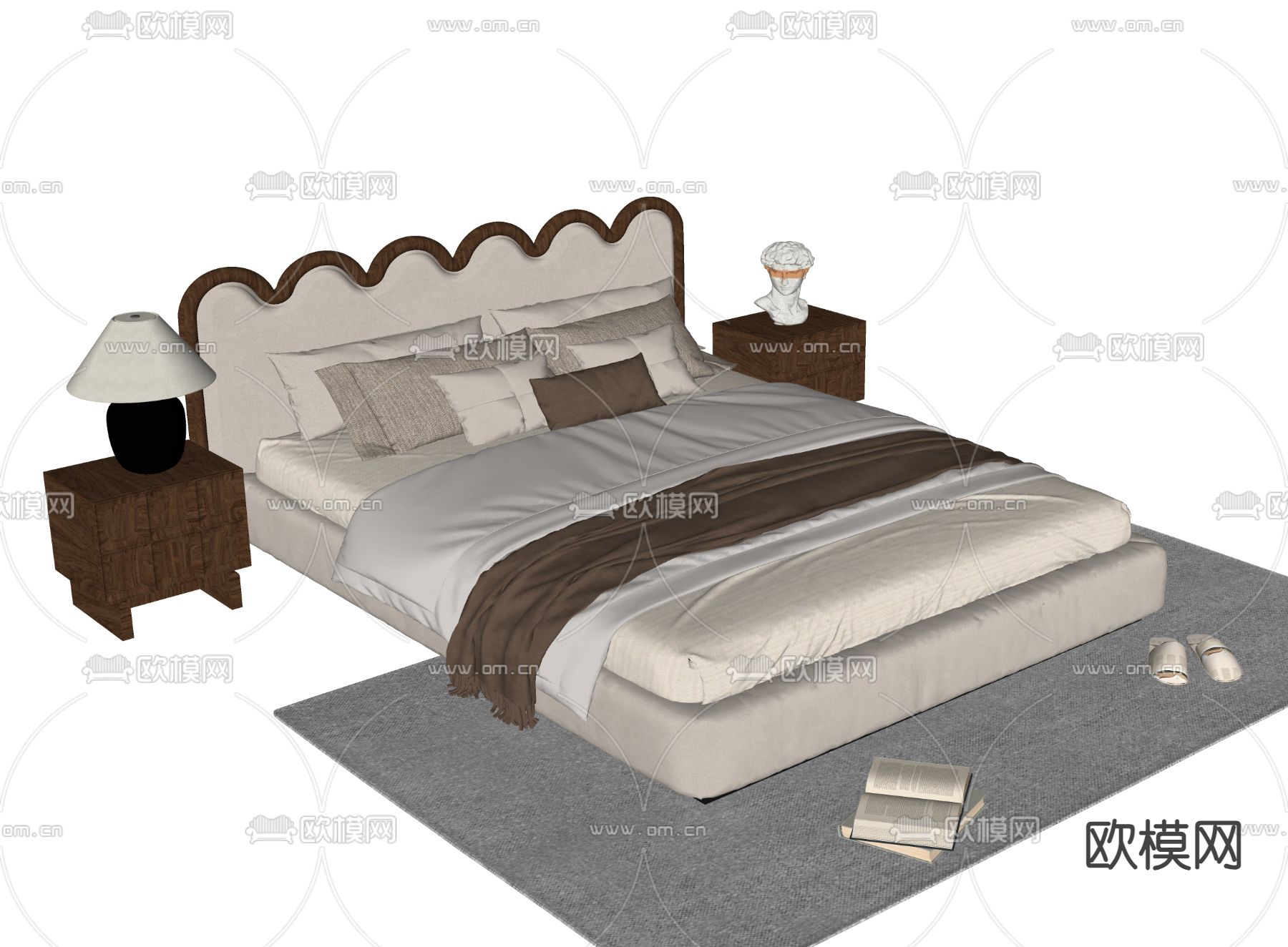 中古风双人床su模型下载（渲染图1）