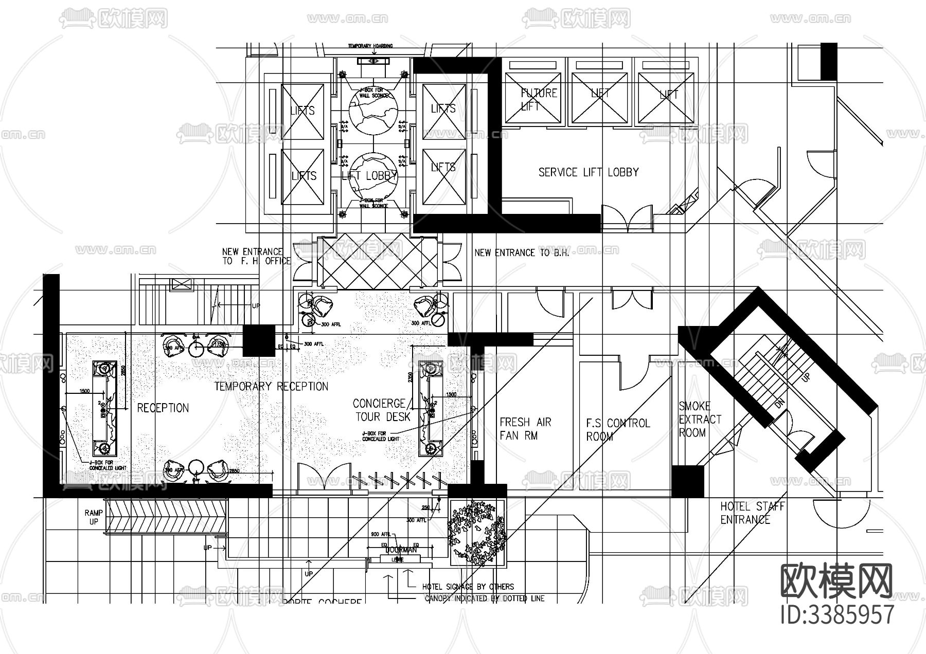希尔顿酒店公共区域cad施工图下载（渲染图2）