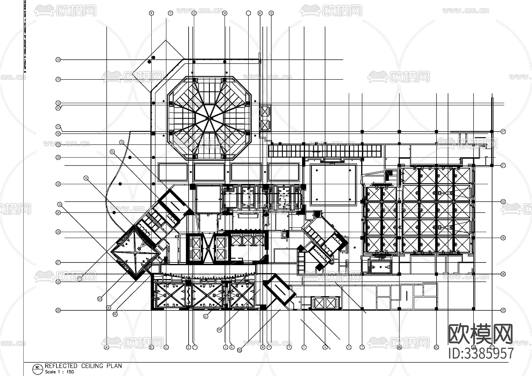 希尔顿酒店公共区域cad施工图下载（渲染图1）