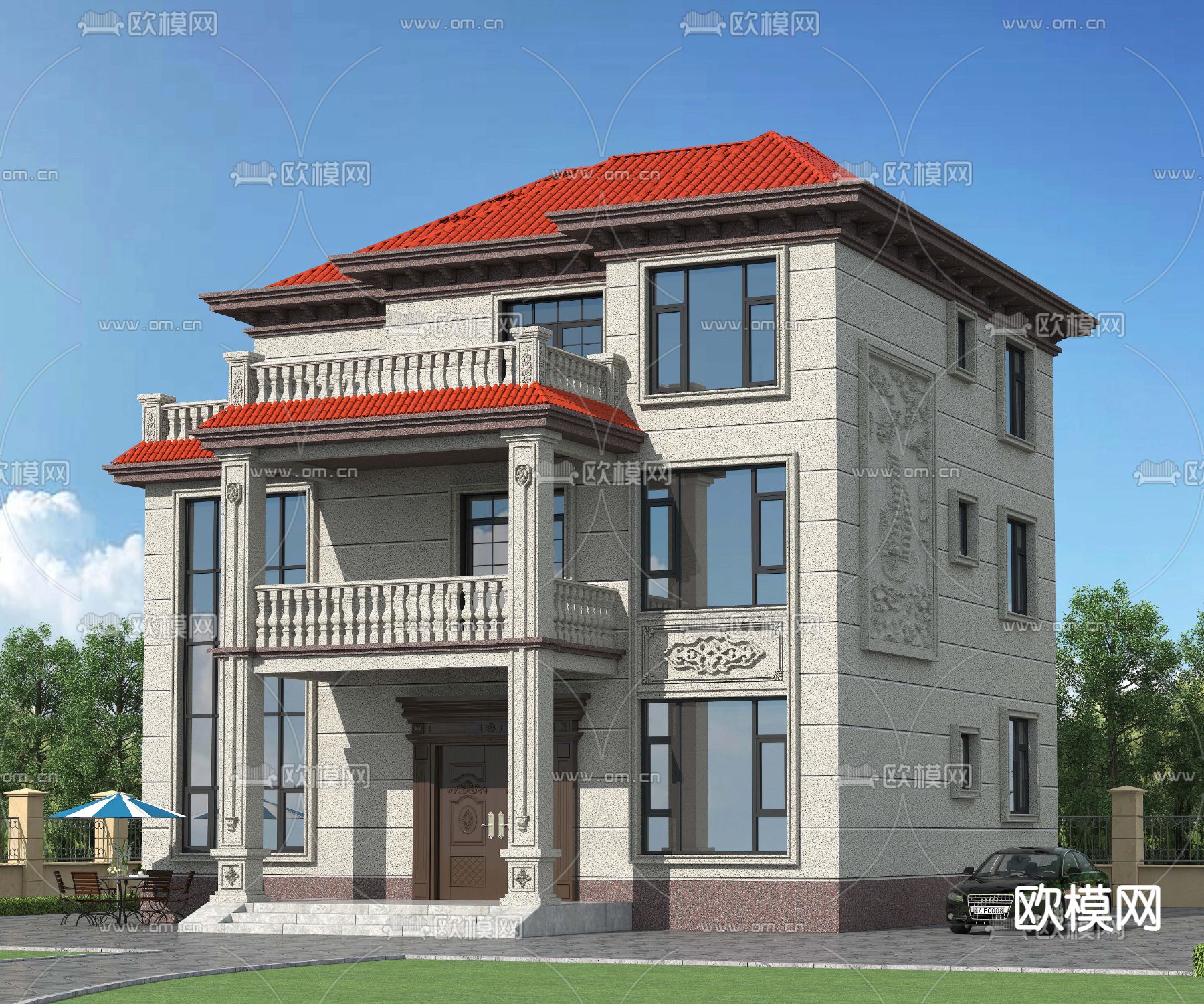 简欧 独栋别墅外观3d模型下载