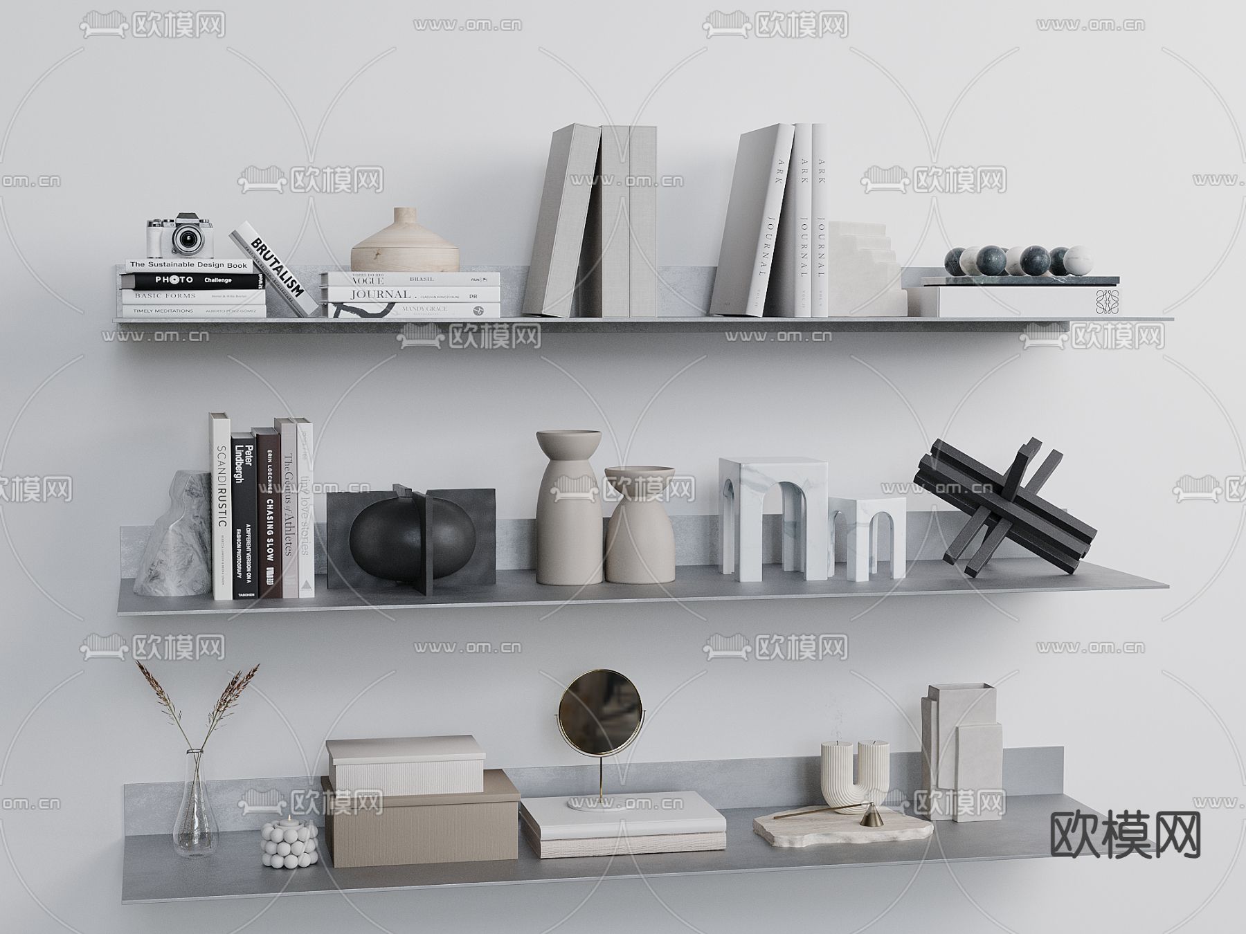 现代装饰品 书籍 相机 花瓶干支 镜子3d模型下载