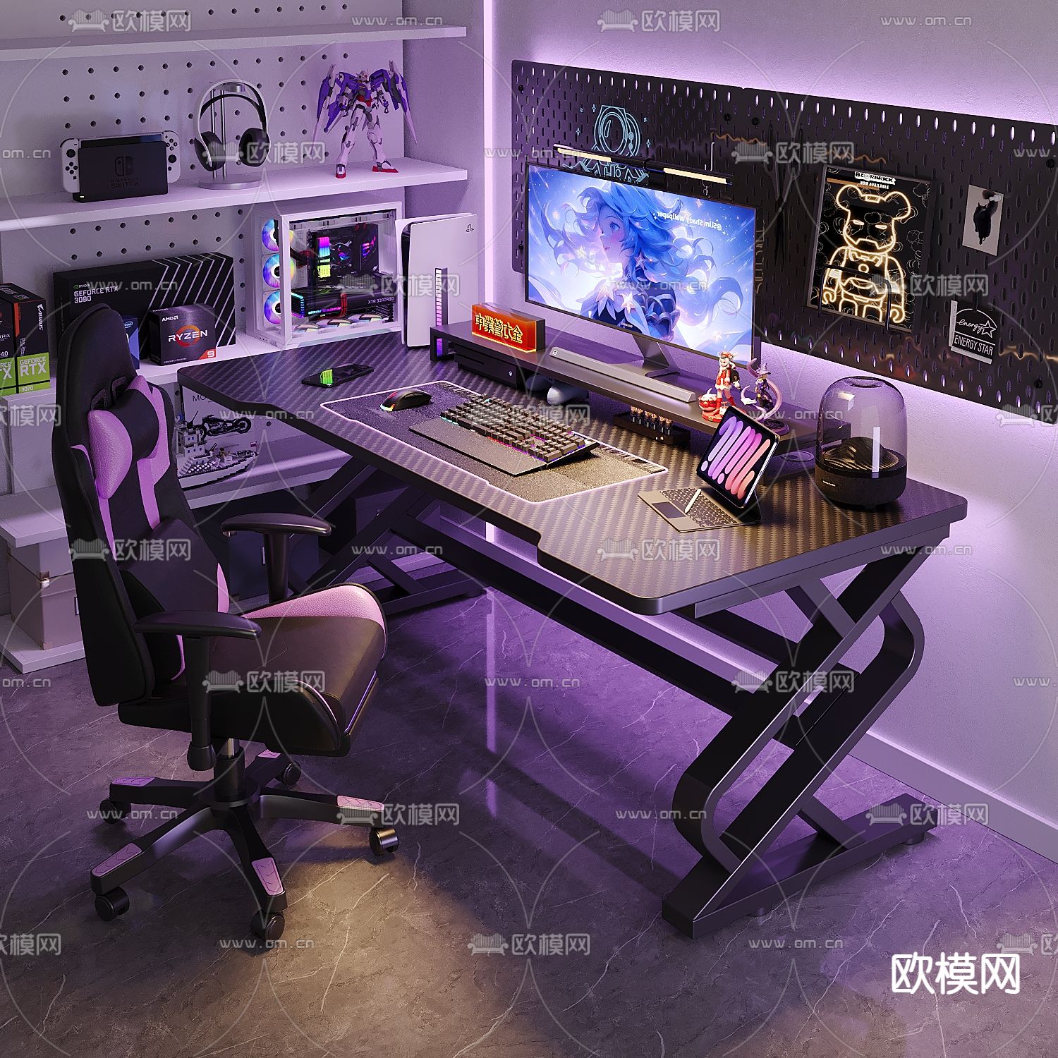 现代电脑桌 电竞桌 书桌 学习桌3d模型下载