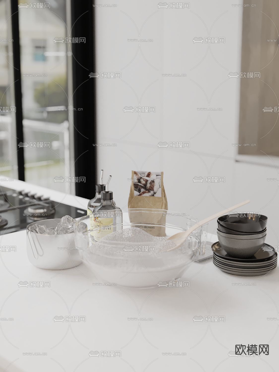 现代厨房摆件 盘子 碗 调料 勺子 盆3d模型下载