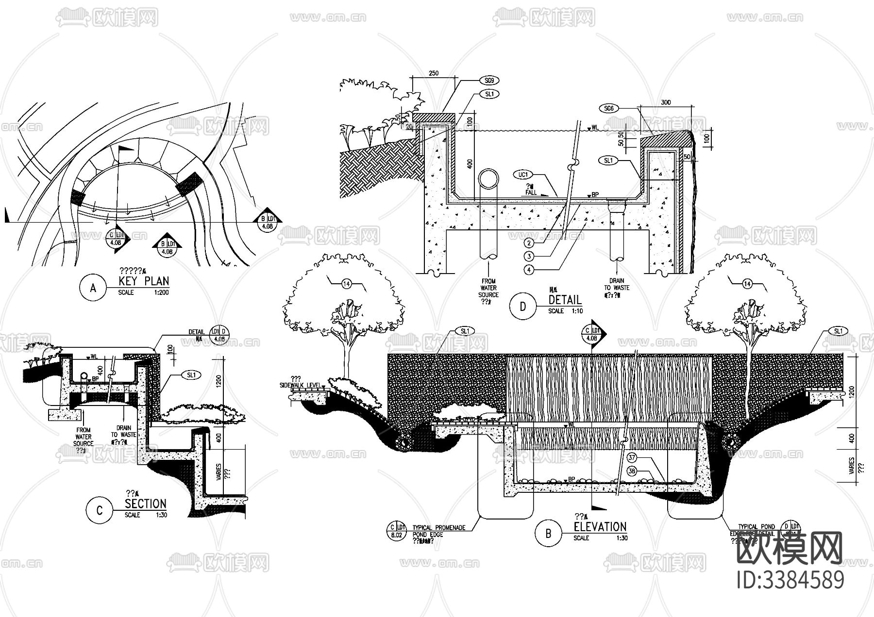 40套跌水叠泉CAD图库下载（渲染图3）